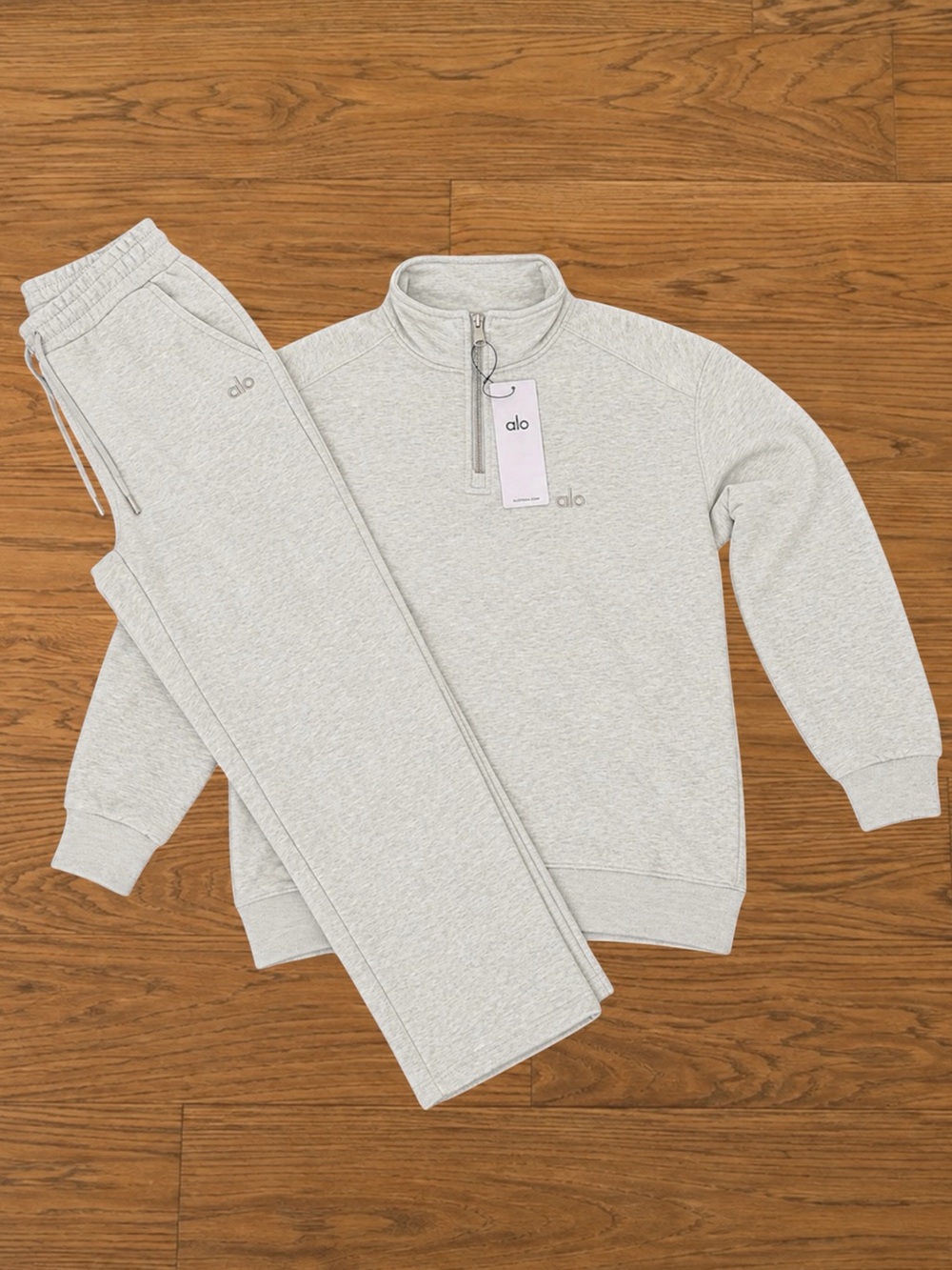 ALO Heather Gray UNISEX Quarterzip Sweater + Uncuffed Pants Set Sizes L,XL